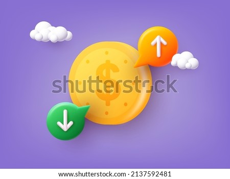 Cost of dollar with arrow down and up. Coin of dollar with loss or growth. Increase and low of revenue.  3D Web Vector Illustrations. 