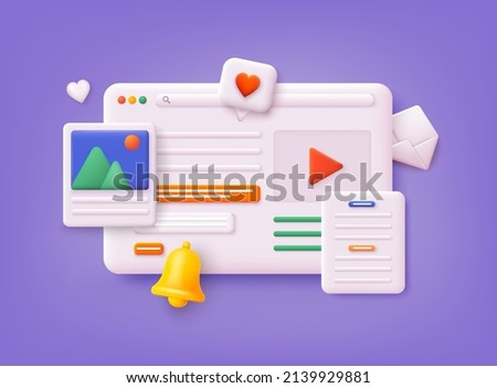 Video player, gallery, development, seo analysis concept with floating elementsDistance training, streaming, webinar, conference videos. 3D Web Vector Illustrations.