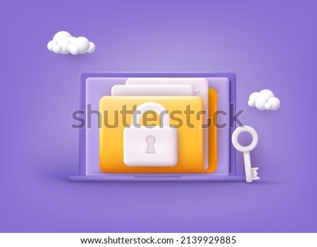 Yellow folder with files. Personal data security concept. Secure information transfer background. 3D Vector Illustrations.