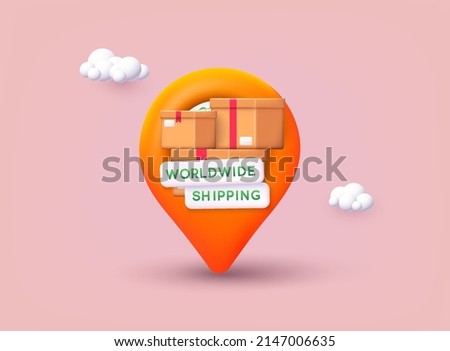 Worldwide delivery concept. Pile of stacked sealed goods cardboard boxes with location pin. Carton delivery packaging with fragile signs. 3D Vector Illustrations.