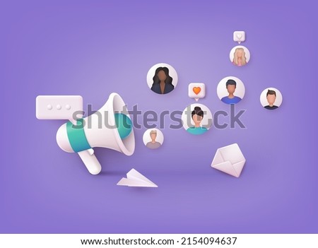 Big loudspeaker to communicate with audience. PR agency team work on Social Media Promotion. Public Relation, Digital Marketing and Media Concept. 3D Web Vector Illustrations. Foto d'archivio © 