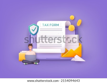 Online Tax payment. Filling tax form. Calendar show Tax Payment Date. Accounting and Financial Management Concept. 3D Web Vector Illustrations.