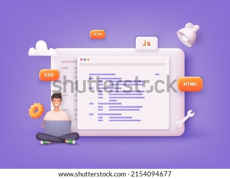 Website programming and coding. Web development and coding. Influencer marketing, social media or network promotion. 3D Vector Illustrations.