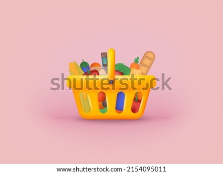 Shopping carts with foods. Food basket. 3D Web Vector Illustrations.