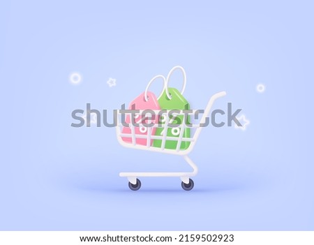 Shopping cart with discount coupon on it. Discount coupon of cash for future use. Sales with an excellent offer for shopping. Special offer promotion. 3D Web Vector Illustrations.
