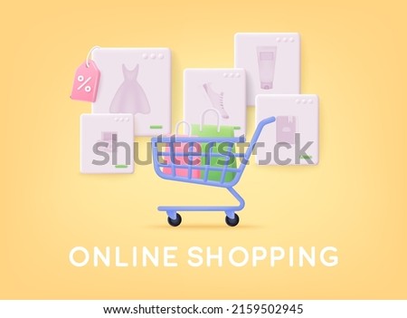 Online shopping. Design graphic elements, signs, symbols. Mobile marketing and digital marketing. 3D Web Vector Illustrations. 
