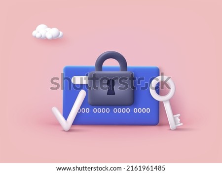 Access control card with key and lock with protection shield. Electronic opening system, security system, automatic access card concept. 3D Web Vector Illustrations.