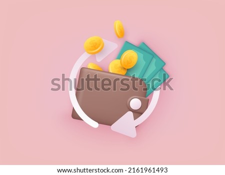 Cashback money refund icon concept.  Wallet with coins and money. 3D Web Vector Illustrations.