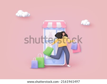 Woman enjoying shopping. Carrying shopping bags. Mobile smart phone with shopp app. Online shopping concept. 3D Web Vector Illustrations.