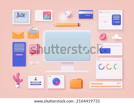 Set of business objects. Open pages, landing page template, folder, mail, statistics. 3D Web Vector Illustrations.