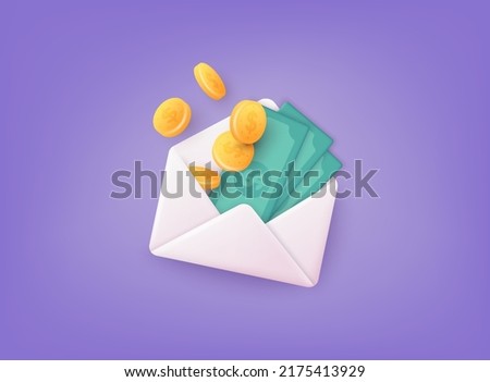 Opened envelope with money. Dollar bills. Salary, earning and savings concept. 3D Web Vector Illustrations.