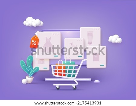 Online shopping. Design graphic elements, signs, symbols. Mobile marketing and digital marketing. 3D Web Vector Illustrations.