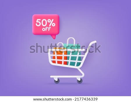 Shopping cart with sale discount sign. 3D Web Vector Illustrations.
