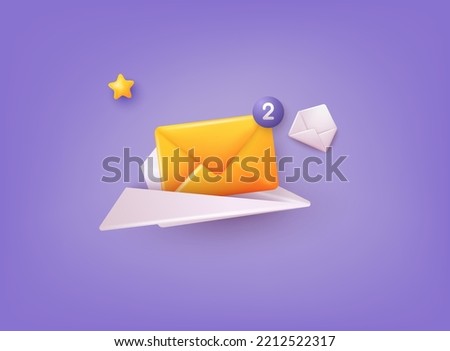 New message concept. Cartoon Paper Airplane with Envelope. Sent letter by email. Online social media marketing. Subscribe to newsletter. 3D Web Vector Illustrations.