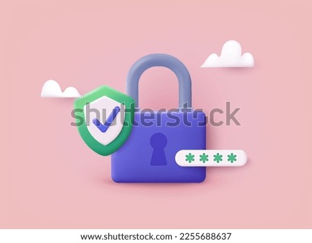 Lock with shield and check mark. Data protection, safety, encryption, protection, privacy concept. 3D Vector Illustrations.
