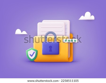 The personal data protection. Concept is data security Access. Lock with password with folder. 3D Web Vector Illustrations.