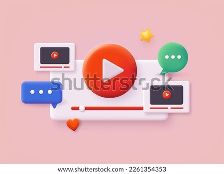 Video channel online icon. Video windows flying in air. Internet video clips and tube concept. 3D Web Vector Illustrations.