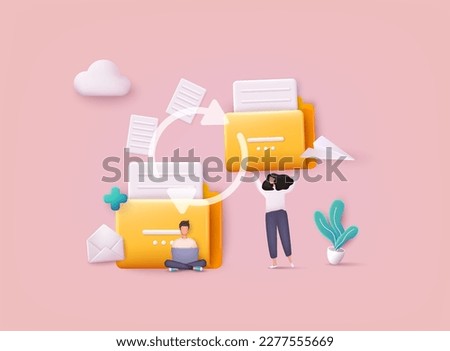 Transfer file of data between folder. Transmission of document. Backup of information on pc system. Exchange of file. 3D Vector Illustrations. 