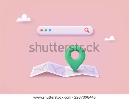 Location folded paper map, search bar and pin isolated. GPS and Navigation Symbol. Element for Map, Social Media, Mobile Apps. 3D Web Vector Illustrations.