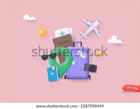 Banner with traveling and tourism elements. Colorful touristic objects like backpack, suitcase, map and globe and place for text. Summer holiday background. 3D Web Vector Illustrations.