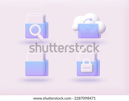 Folders icon wit different types of elements. Cloud storage, lock and magnifying glass. Digital file organization service or app with data transfering. 3D Web Vector Illustrations.