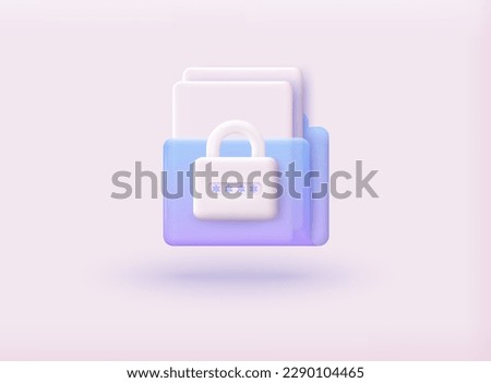 Folder with lock and files. Secure confidential files folder with paper documents access and private lock 3D Web Vector Illustrations.