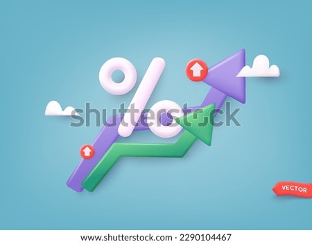 Percent sign with green up arrow. Business or startup success. 3D Web Vector Illustrations.