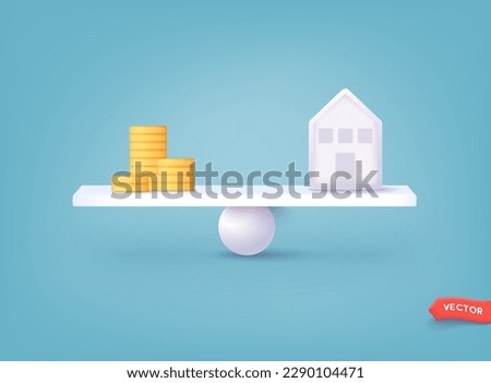 Home and coin stacks on balancing scale on blue background. Real estate business mortgage investment and financial loan concept. 3D Web Vector Illustrations.