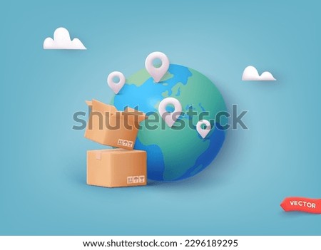 3D earth globe with pinpoints online deliver service, pin location point marker. Carton delivery packaging with fragile signs. 3D Vector Illustrations.