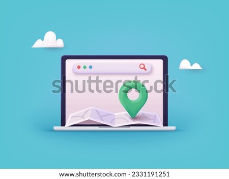 Location folded paper map, search bar and pin isolated. GPS and Navigation Symbol. Element for Map, Social Media, Mobile Apps. 3D Web Vector Illustrations.
