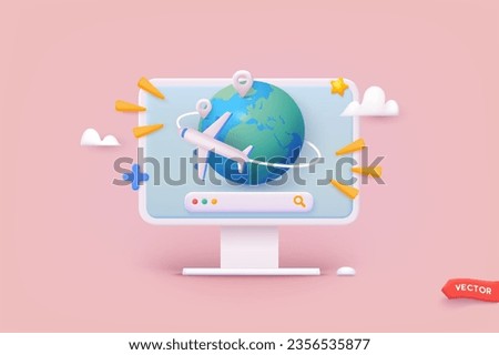 Time to travel concept. Business trip banner with planet and search app. 3D Web Vector Illustrations.