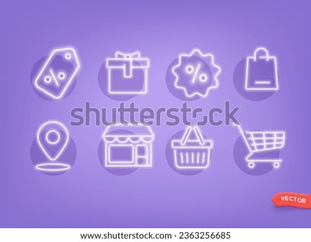 Outline neon shopping icon. Online shopping, sale, discount price offer, advertising. Vector icon set. 3D Web Vector Illustration.