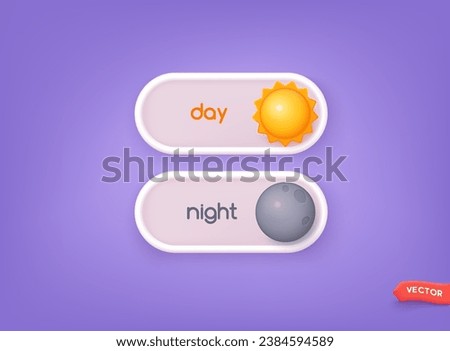 Day and night mode switcher in cute 3d style. Gadget interface switch to Day and Night mode for Mobile App, Web Design, Animation. 3D Web Vector Illustrations. 
