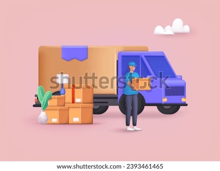 Delivery man and track. Online delivery service concept, online order tracking, delivery home and office. Moving truck and cardboard boxes. Moving House. Transport company. 3D web Vector Illustrations