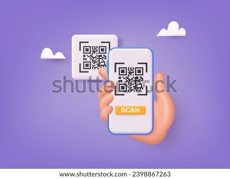Hand holds smartphone and push button to scans qr code for online payment. 3D Web Vector Illustrations.