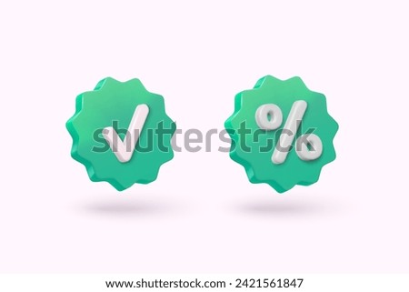 Label set with percent, check mark and discount. App icon. 3D Web Vector Illustrations.