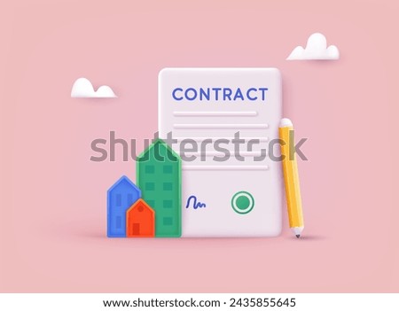 Mortgage Loan Illustration Concept. House loan, money investment to real estate. Property money investment contract. Buying Home. 3D Web Vector Illustrations.