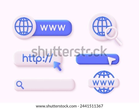 Www icons collection. Internet icon. Www search bar icon. Address and navigation bar icon. 3D Web Vector Illustrations.