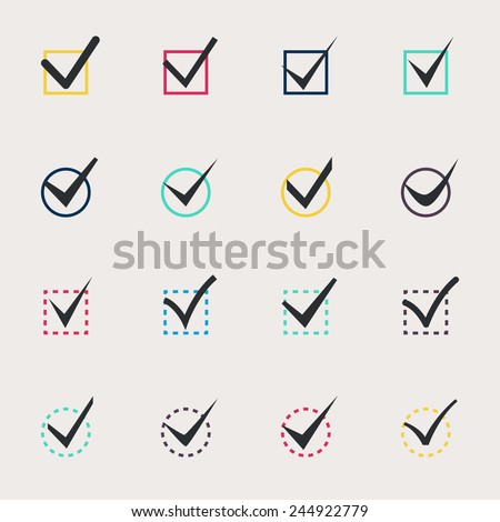 Set of nine different colors vector check marks or ticks in boxes conceptual of confirmation acceptance positive passed voting agreement true or completion of tasks on a list