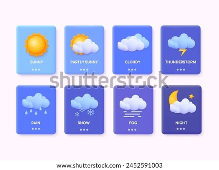 Website or mobile app ui icon set for weather forecast. Thunderstorm, rain, sunny day, fog, winter snow, night. 3D Web Vector Illustrations.