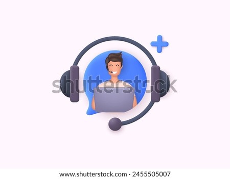 Call center, online customer support. Contact Us Customer Service For Personal Assistant Service, Person Advisor and Social Media Network. 3D Web Vector Illustrations.