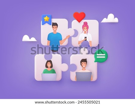 3D jigsaw puzzle pieces symbol of teamwork. Global communication network. Social media communication systems and technologies. 3D Web Vector Illustrations.