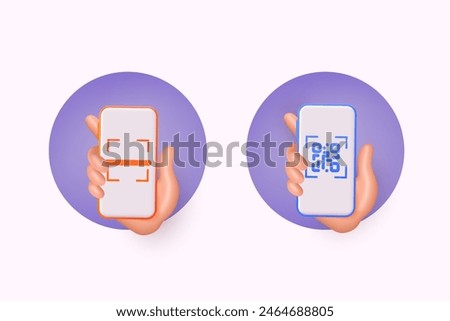 Hand holds smartphone and push button to scans qr code for online payment, money transaction on mobile app service. 3D Web Vector Illustrations.