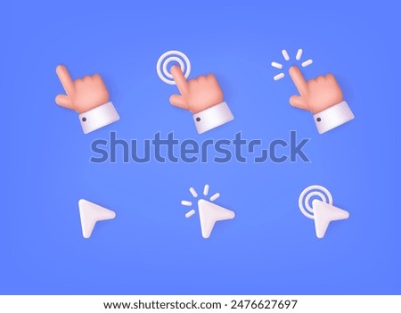 Set of 3d hands and pointers clicking. Navigation search for web browser. 3D Web Vector Illustrations.