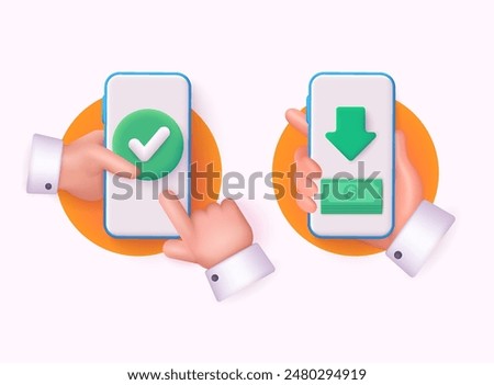 Contactless payment concept - hands holding mobile phones and transfers  money.  3D Web Vector Illustrations.