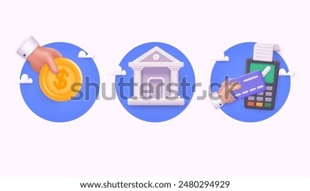 Finance concept icon. Cash register, money, safe, bank, credit card, online payment. 3D Web Vector Illustrations.