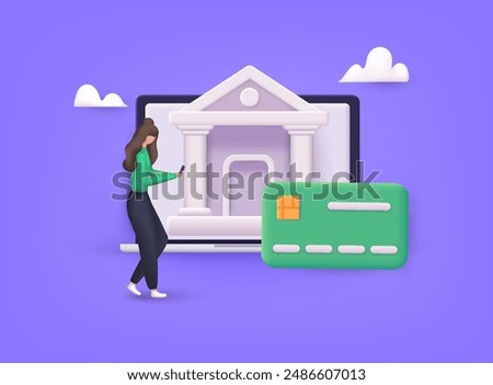 Online banking. Internet banking, purchasing and transaction, electronic funds transfers and bank wire transfer. 3D Vector Illustrations.