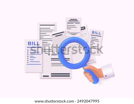 Paying bills hand holding bills and magnifying glass. Payment of utility, bank, restaurant and other. 3D Web Vector Illustrations.