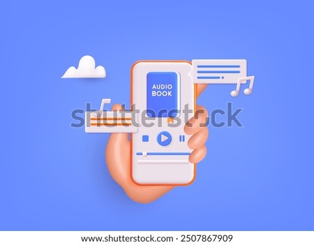 Smartphone screen with audio book app open. Distance education e-learning, podcast, webinar, tutorial. 3D Web Vector Illustrations.