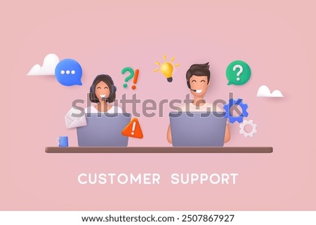 Customer service, call center. Online support center with person in headset with bubbles and laptop. 3D Web Vector Illustrations.